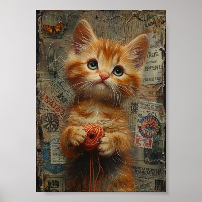 Adorable Ginger Kitten With Yarn collage Poster (Front)