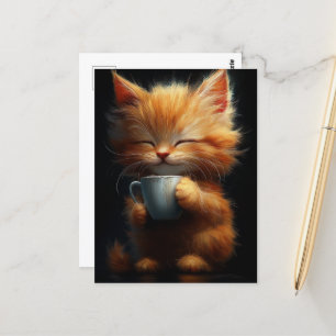 Adorable Ginger Kitty With a Coffee Postcard
