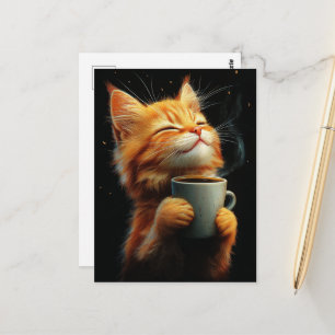 Adorable Ginger Kitty With a Coffee Postcard
