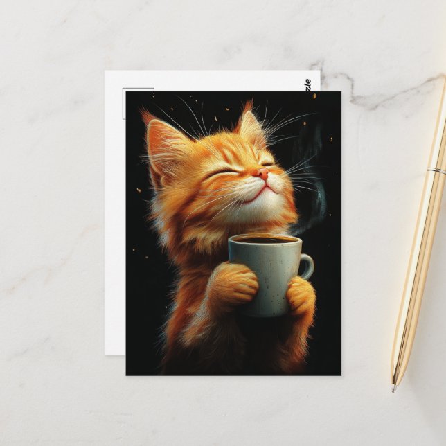 Adorable Ginger Kitty With a Coffee Postcard (Front/Back In Situ)