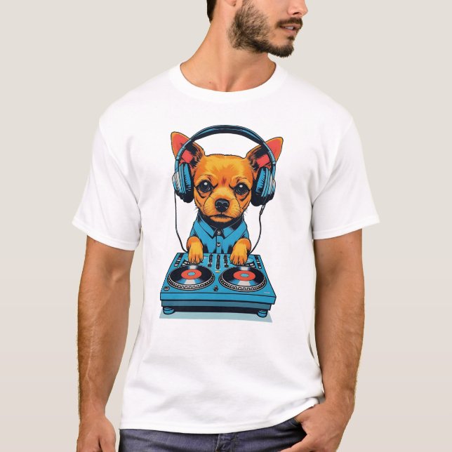 Adorable Ginger Small Dog DJing with Headphones T-Shirt (Front)