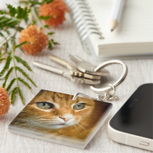 Adorable Ginger Tabby Cat Posing Pet Portrait Key Ring