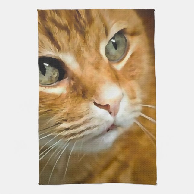Adorable Ginger Tabby Cat Posing Pet Portrait Tea Towel (Vertical)