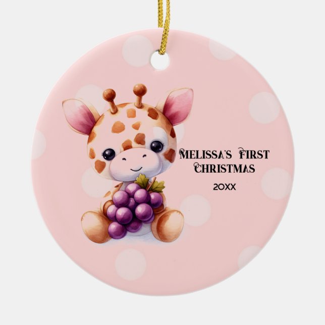 Adorable Giraffe Baby First Christmas Ceramic Ornament (Front)