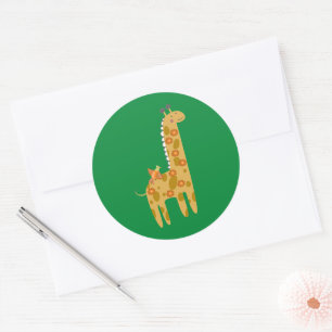 Adorable Giraffe Bird & Flowers Gold Orange Green Classic Round Sticker