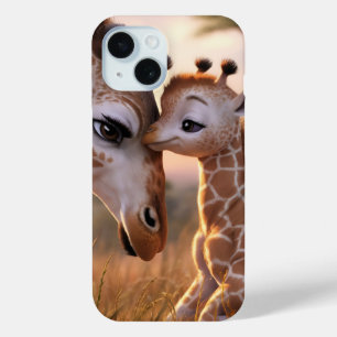 Adorable Giraffe Kiss: Baby & Mum Bond iPhone 15 Case