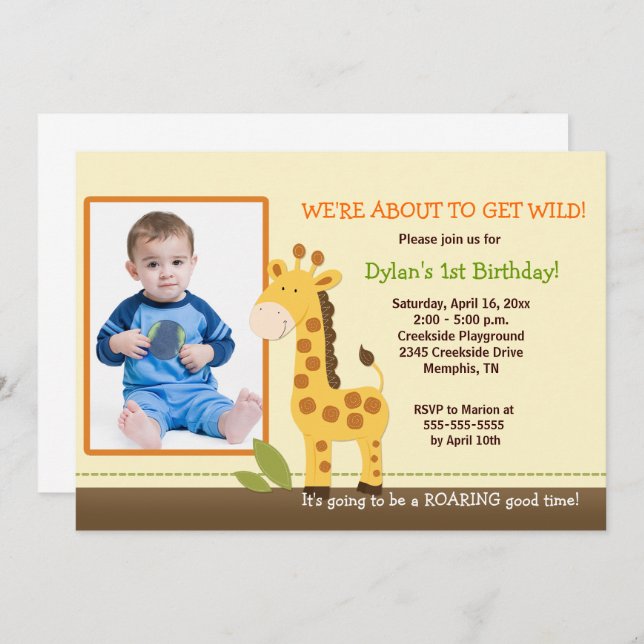 Adorable Giraffe *PHOTO* Birthday 5x7 Invitation (Front/Back)
