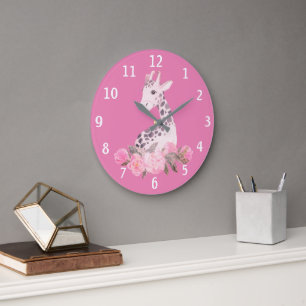 Adorable Giraffe Pink Floral Baby Nursery Large Clock