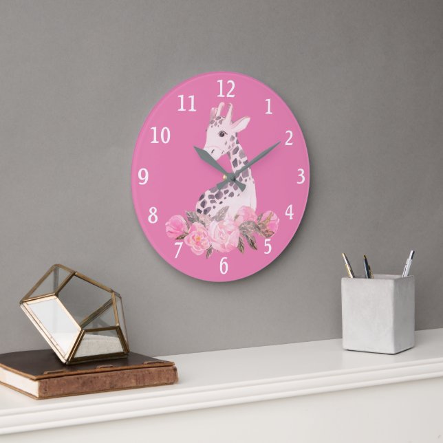 Adorable Giraffe Pink Floral Baby Nursery  Large Clock (Office)