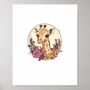 Adorable Giraffe Surrounded By Flowers _7 Poster