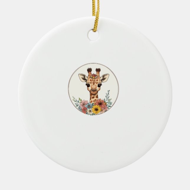 Adorable Giraffe With Flowers   Ceramic Ornament (Front)