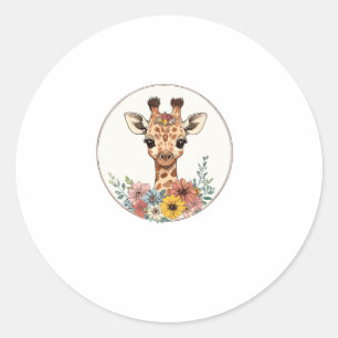 Adorable Giraffe With Flowers   Classic Round Sticker