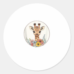Adorable Giraffe With Flowers  Classic Round Sticker