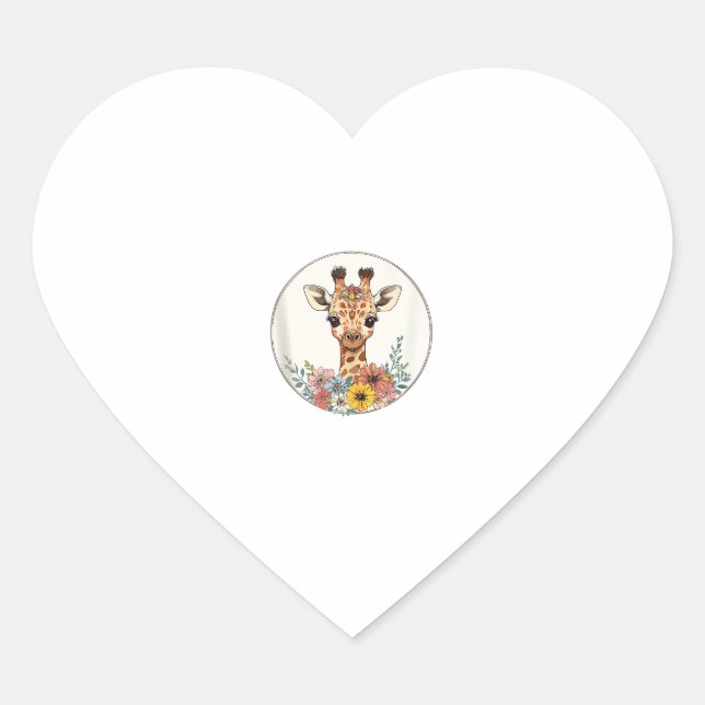 Adorable Giraffe With Flowers  Heart Sticker (Front)