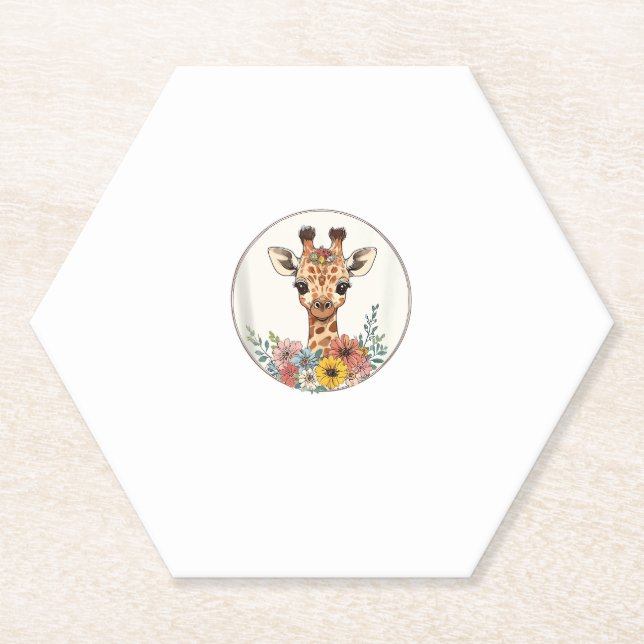 Adorable Giraffe With Flowers  Paper Coaster (Front)