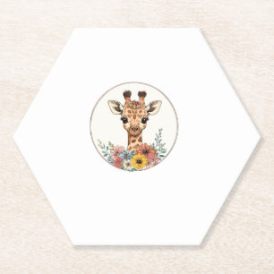 Adorable Giraffe With Flowers Paper Coaster