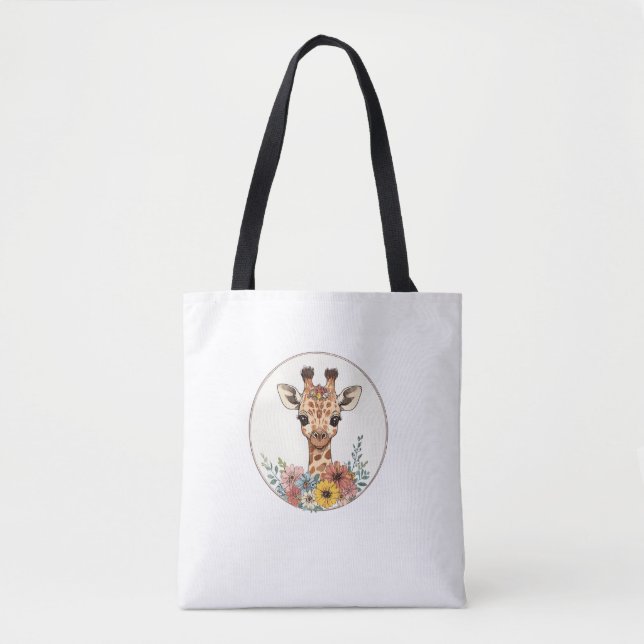 Adorable Giraffe With Flowers   Tote Bag (Front)