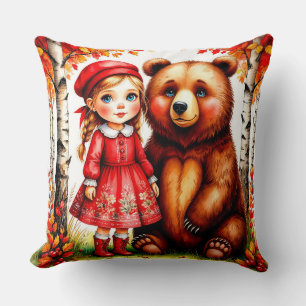Adorable Girl and Bear in Whimsical Forest Cushion