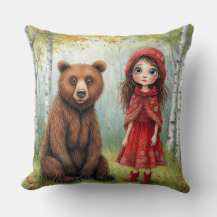 Adorable Girl and Bear in Whimsical Forest Cushion