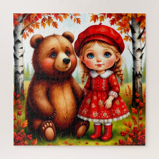 Adorable Girl and Bear in Whimsical Forest Jigsaw Puzzle (Vertical)