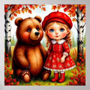 Adorable Girl and Bear in Whimsical Forest Poster