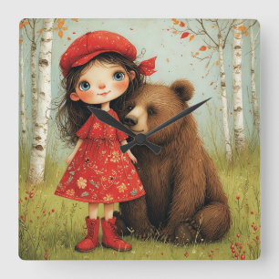 Adorable Girl and Bear in Whimsical Forest Square Wall Clock