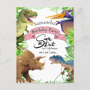 Adorable Girl Dinosaur Birthday Invite Postcard