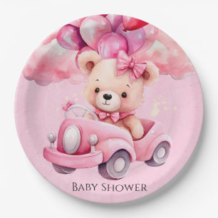 Adorable Girl Teddy Bear Vintage Car Baby Shower Paper Plate