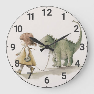 Adorable girl walking dinosaur wall clock