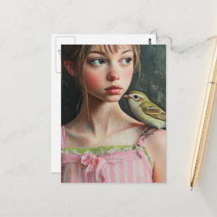 Adorable Girl with Cute Bird on Her Shoulder Postcard