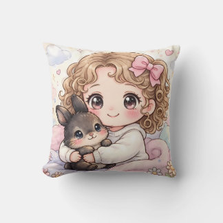 Adorable Girl with her Kawaii Bunny Cushion