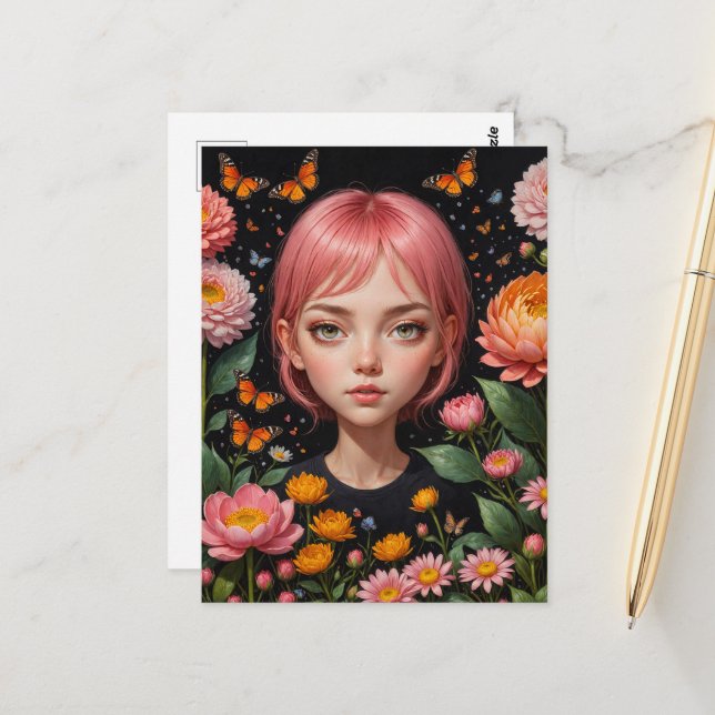 Adorable Girl With Pink Hair in the Flowers Postcard (Front/Back In Situ)