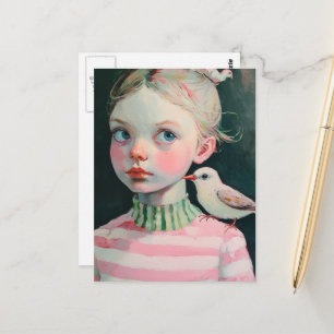 Adorable Girl with the Bird on Her Shoulder Postcard