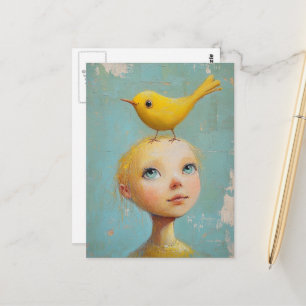 Adorable Girl with the Yellow Bird on Her Head Postcard
