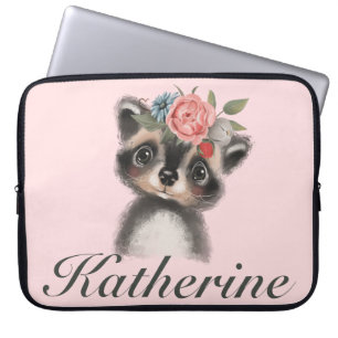 Adorable Girl's Racoon Pink Floral Laptop Sleeve