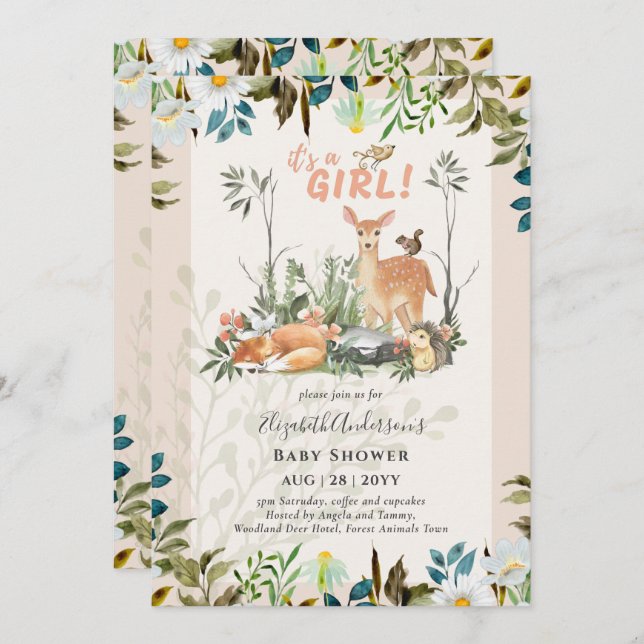 Adorable GIRLS Woodland Deer Baby Shower Coral Inv Invitation (Front/Back)