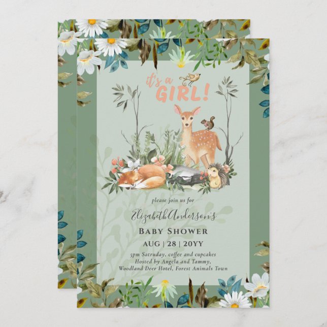 Adorable GIRLS Woodland Deer Baby Shower Green Inv Invitation (Front/Back)