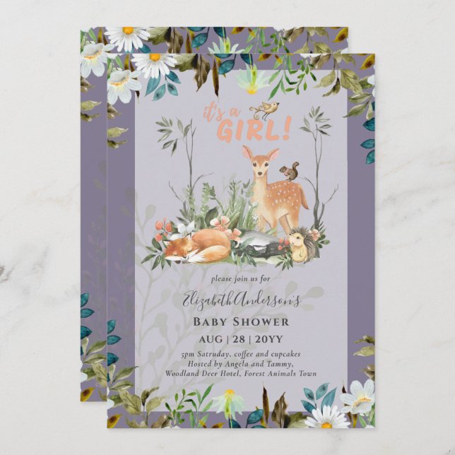 Adorable GIRLS Woodland Deer Baby Shower Lilac Inv Invitation (Front/Back)