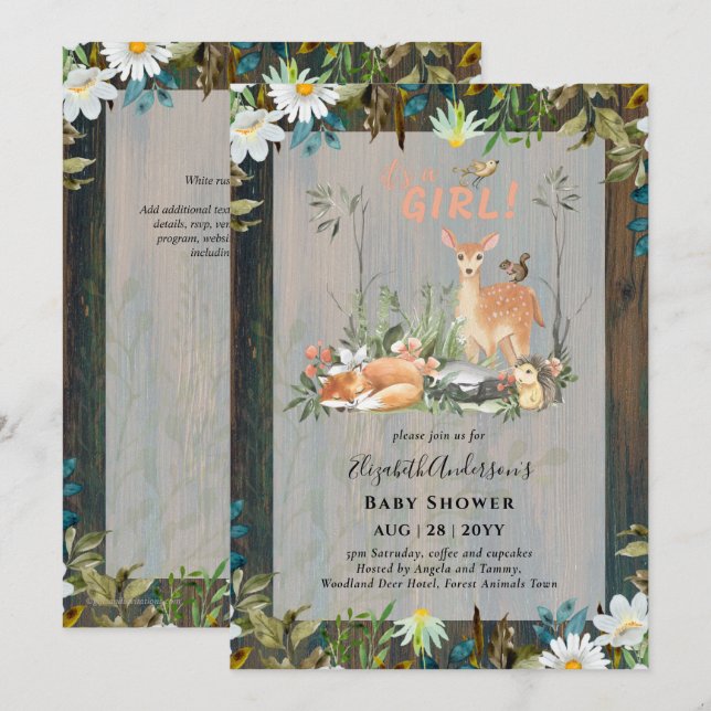 Adorable GIRLS Woodland Deer Baby Shower Rustic In Invitation (Front/Back)