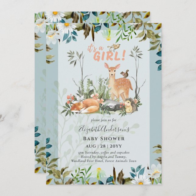 Adorable GIRLS Woodland Deer Baby Shower Sage Invi Invitation (Front/Back)
