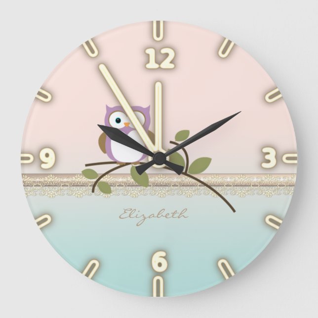 Adorable Girly Cute Owl,Personalised Large Clock (Front)