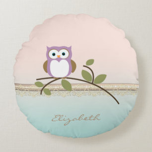 Adorable Girly Cute Owl,Personalised Round Cushion