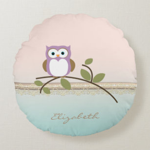 Adorable Girly Cute Owl,Personalised Round Cushion