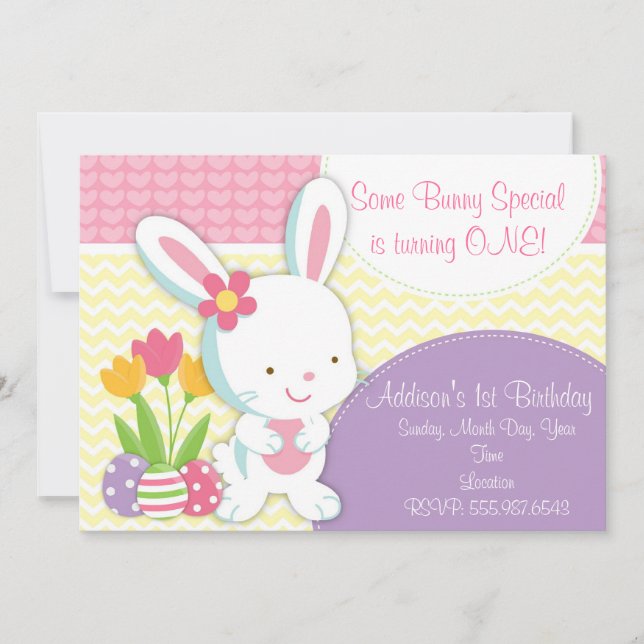 Adorable Girly Easter Bunny Birthday Invitation (Front)