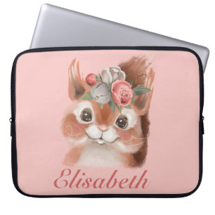 Adorable Girly Pink Floral Squirrel Laptop Sleeve