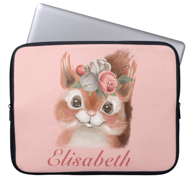Adorable Girly Pink Floral Squirrel Laptop Sleeve (Front)
