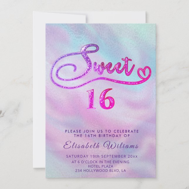 Adorable Glam holographic glitter script ombre Inv Invitation (Front)