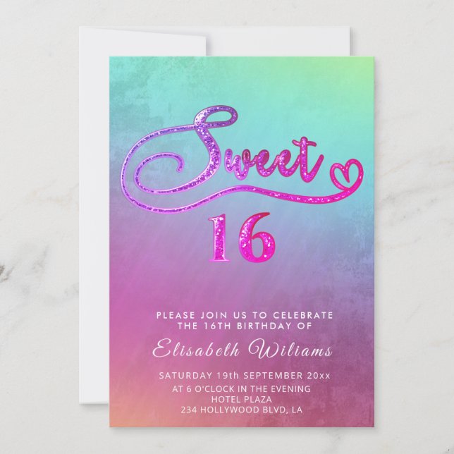 Adorable Glam holographic glitter script ombre Invitation (Front)