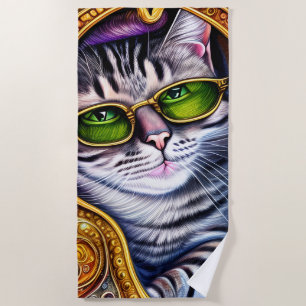 Adorable Glasses Wearing Hipster Cat Beach Towel