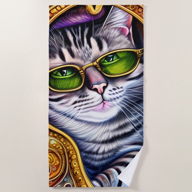 Adorable Glasses Wearing Hipster Cat Beach Towel (Front)